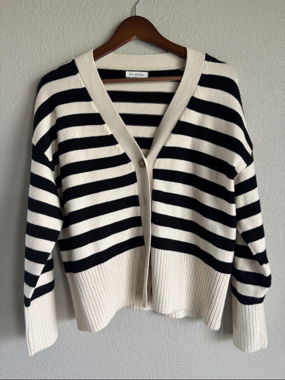 Blu Pepper Black and Cream Striped V-Neck Cardigan